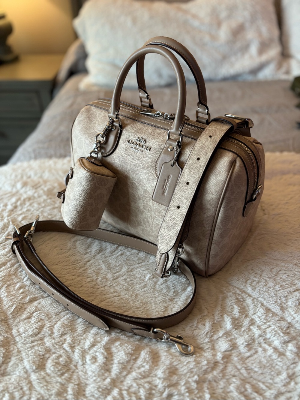 Coach Large Rowan Sand/Taupe/Gold Bundle